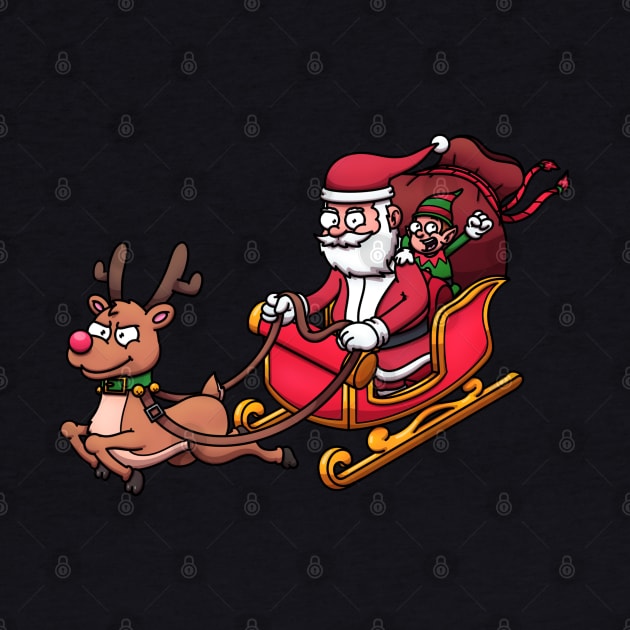 Cartoon Santa Claus And Elf Riding Sleigh With Reindeer by TheMaskedTooner